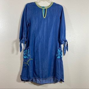 Bleu Bayou Embroidered Flowy Dress Pockets Knee High Dress 3/4 Sleeves b…